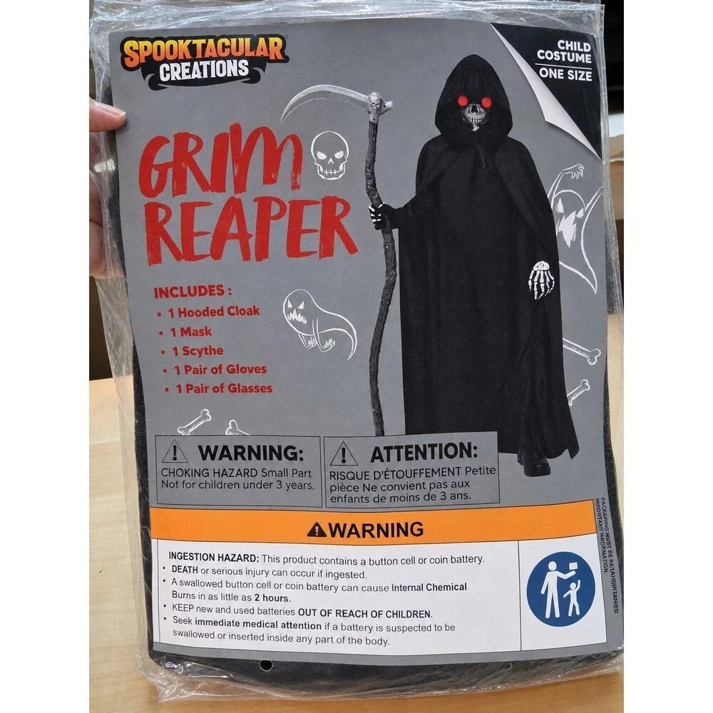 Spooky Grim Reaper Child Halloween Costume One Size Hooded Cloak Mask Scythe